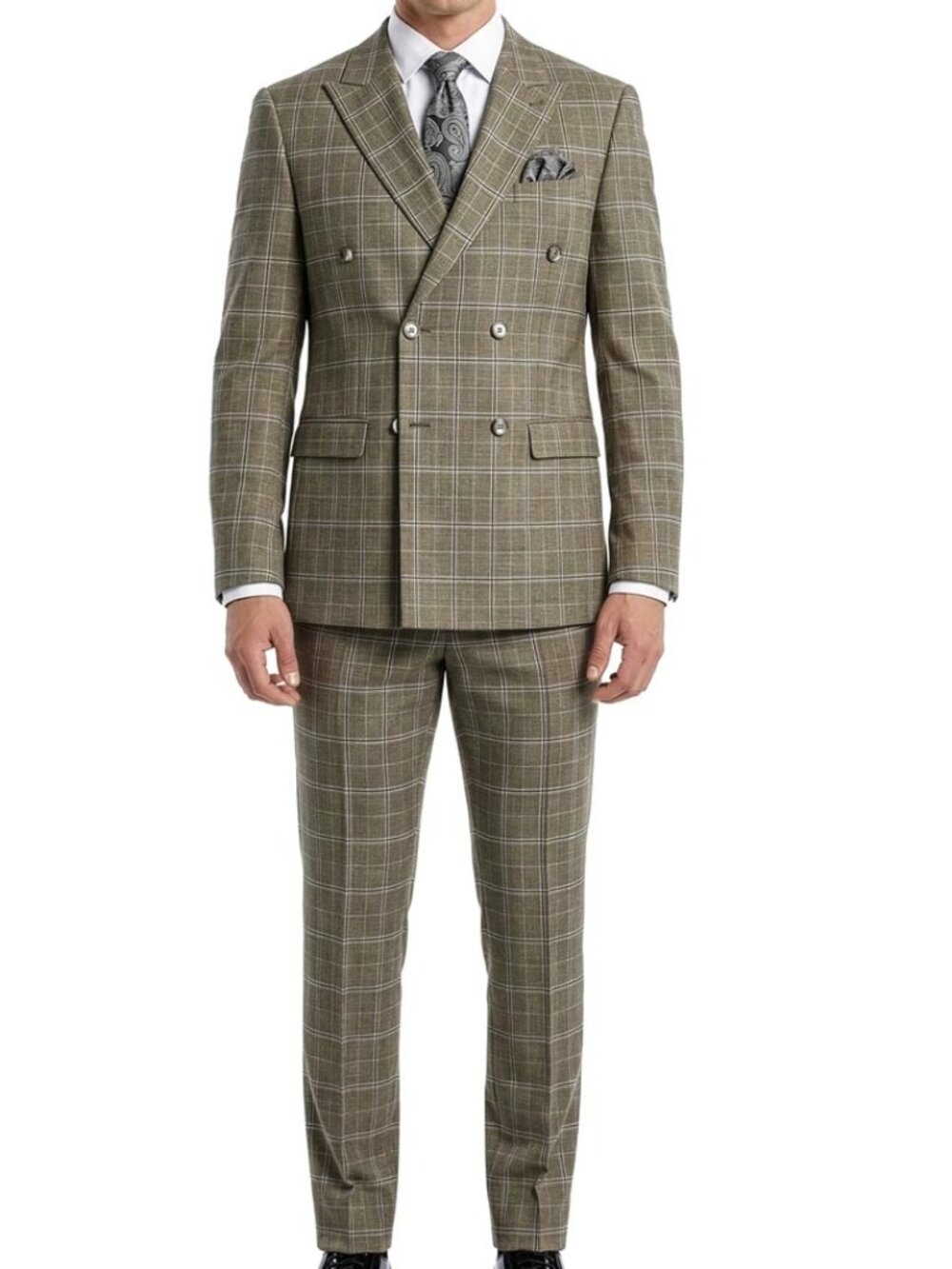 Tan Windowpane Plaid Double Breasted 2 Piece Skinny Fit Men's Suit